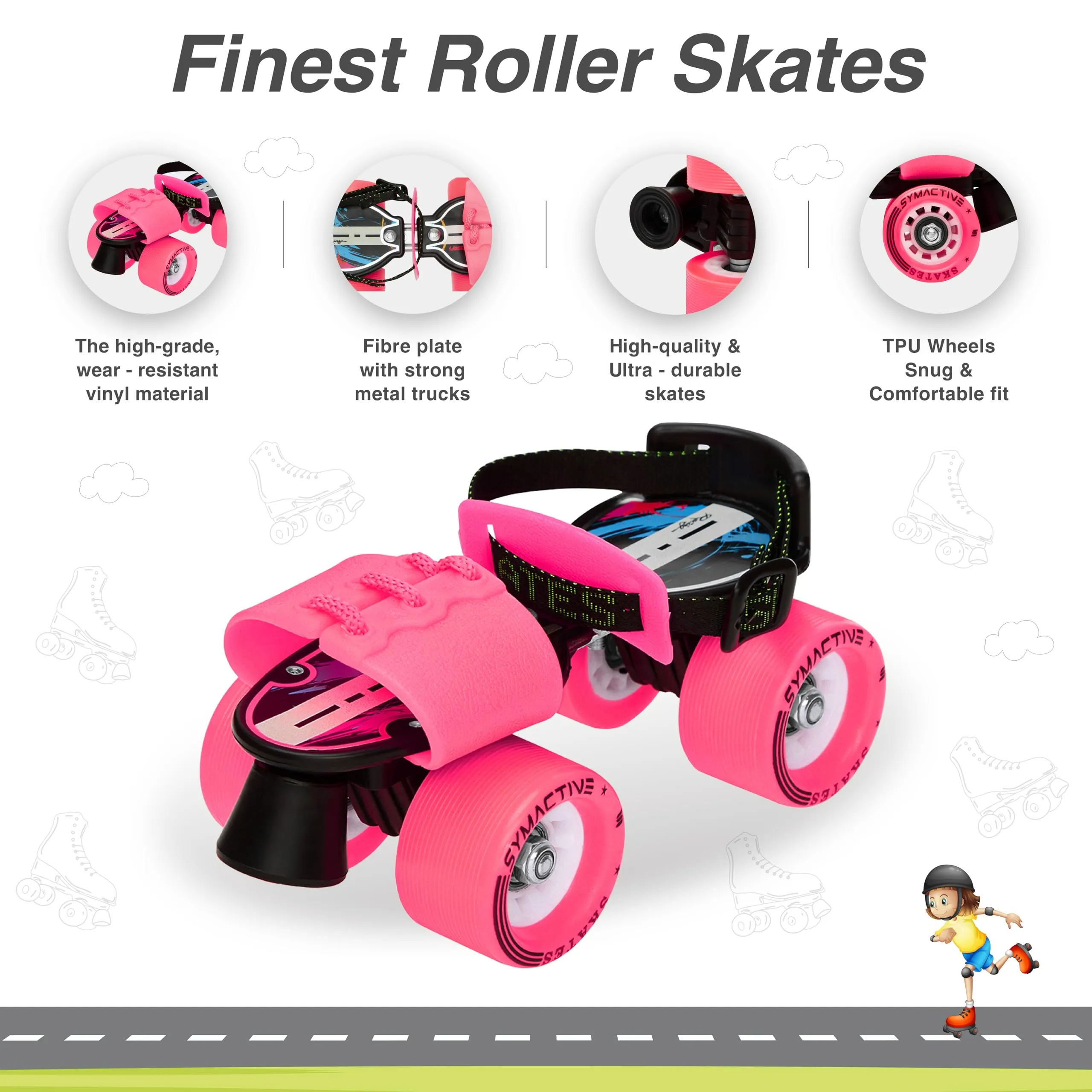 Amazon Brand - Symactive Roller Skates Combo Kit, Ultra-Durable, Adjustable, for 6 to 14 Years (Unisex, Pink Skates with Knee Guard, Elbow Guard, Wrist Guard, Key)