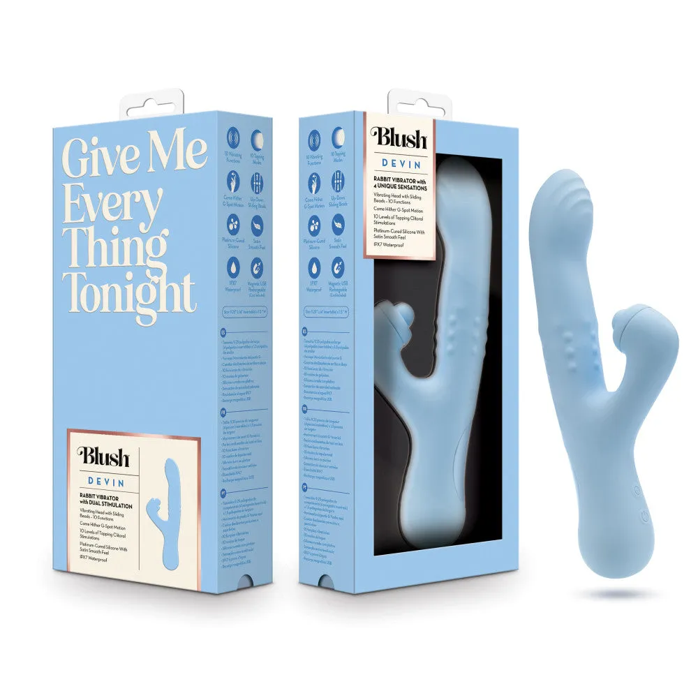 Blush Devin 9.25 Inch G Spot Clitoral Dual Stimulation Rabbit Vibrator In Blue - 10 Vibration Functions - Soft Silicone