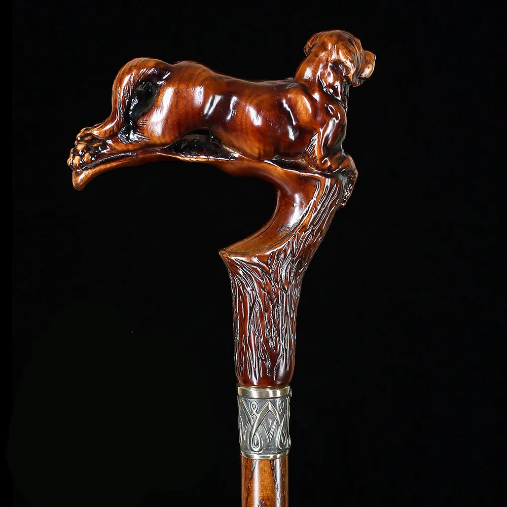 Brown Labrador Dog Dark Wood Artisan Intricate Handcarved Cane