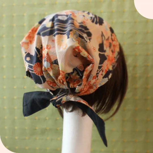 Head covering scarf, Japanese fabric Pink Navy Floral