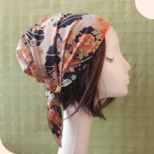 Head covering scarf, Japanese fabric Pink Navy Floral