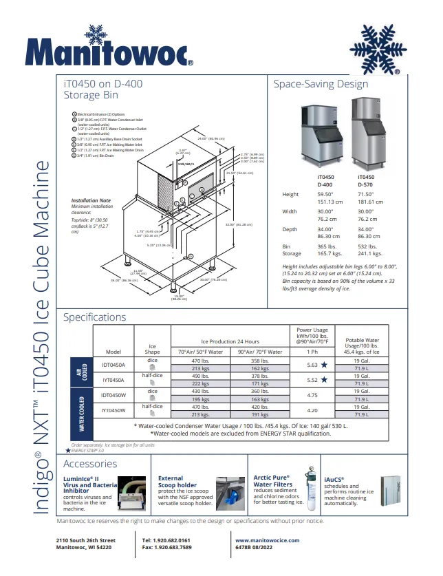 Manitowoc Ice Maker 490lb Half Dice IYT0450A