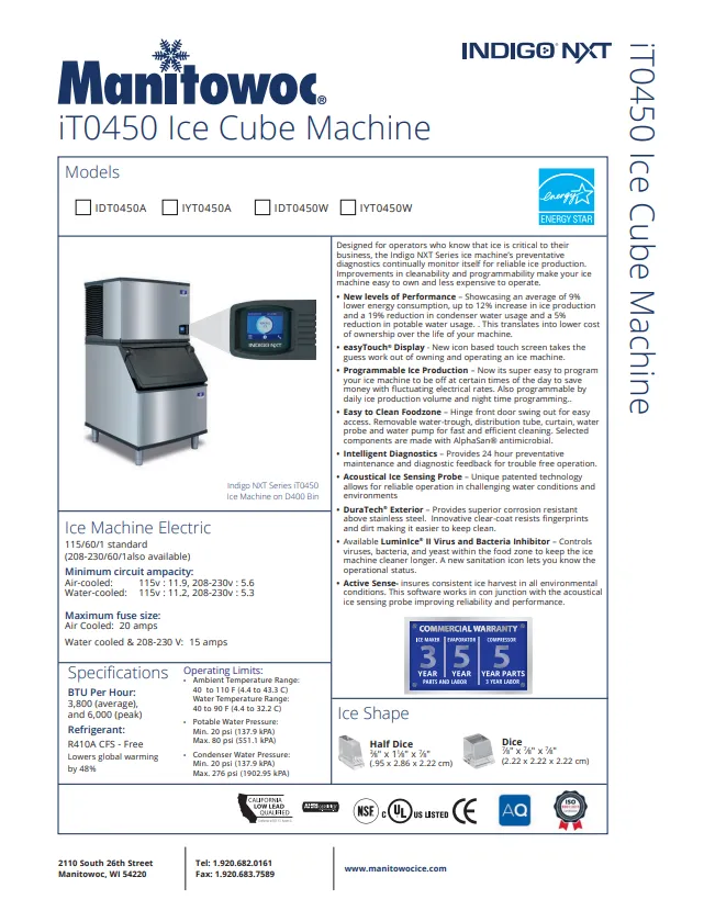 Manitowoc Ice Maker 490lb Half Dice IYT0450A