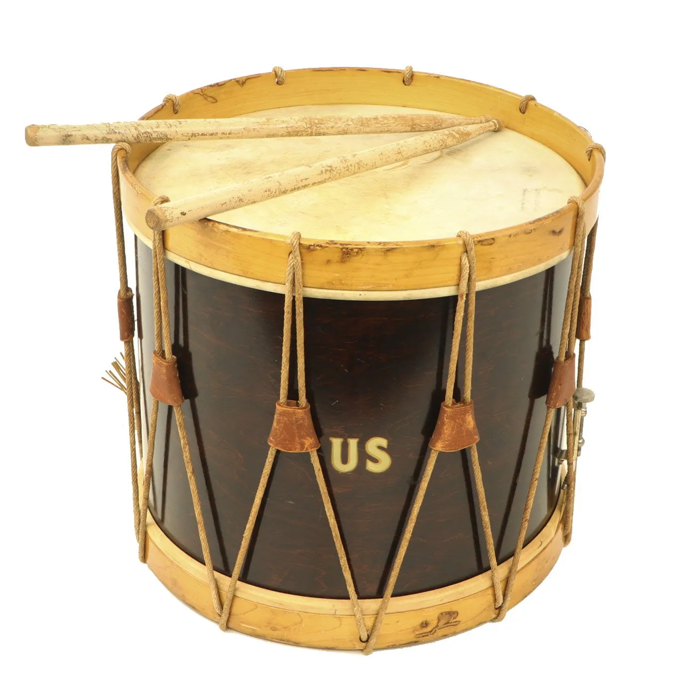 Original WWI Era U.S. Military Issue Wood Field Snare Rope Drum by Ludwig & Ludwig with Sticks