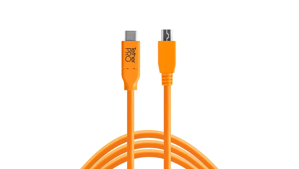 TetherPro USB-C to 2.0 Mini-B 5-Pin, 15ft (4.6m), High-Visibility Orange