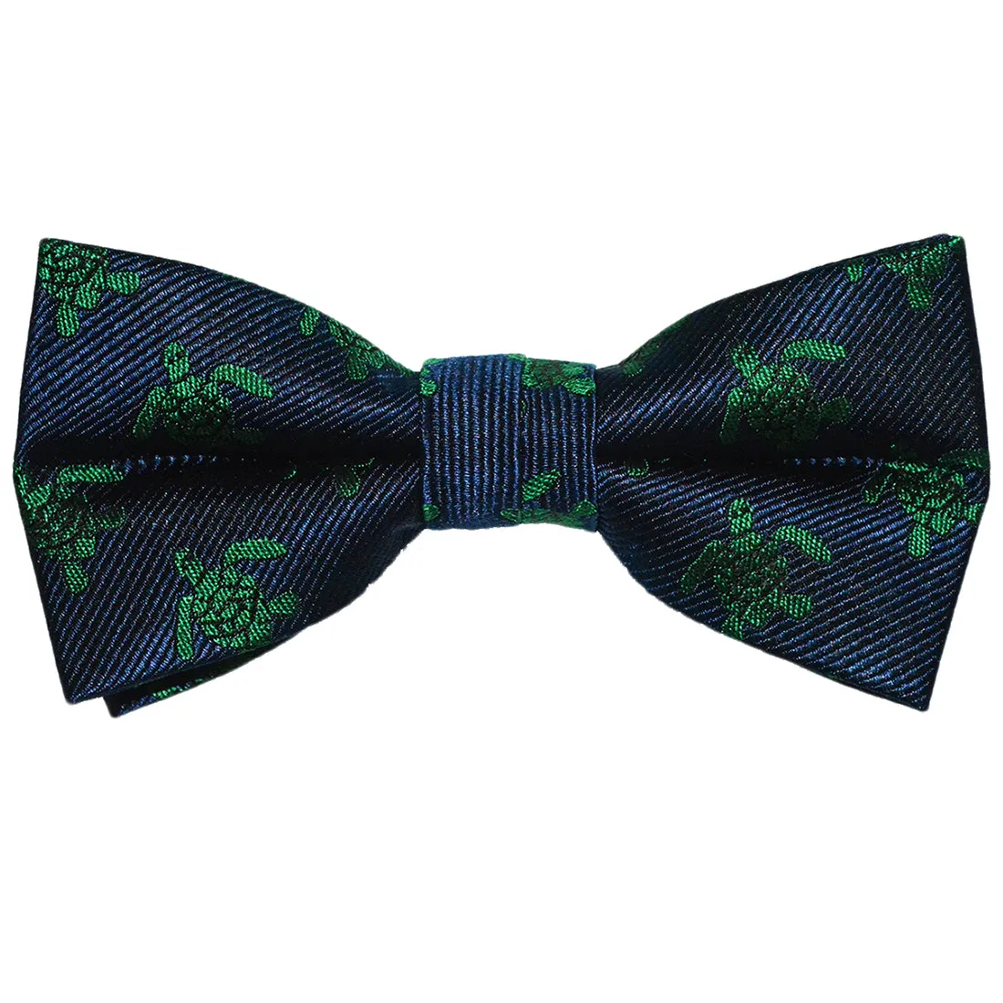 Turtle Bow Tie - Green on Navy, Woven Silk, Pre-Tied for Kids